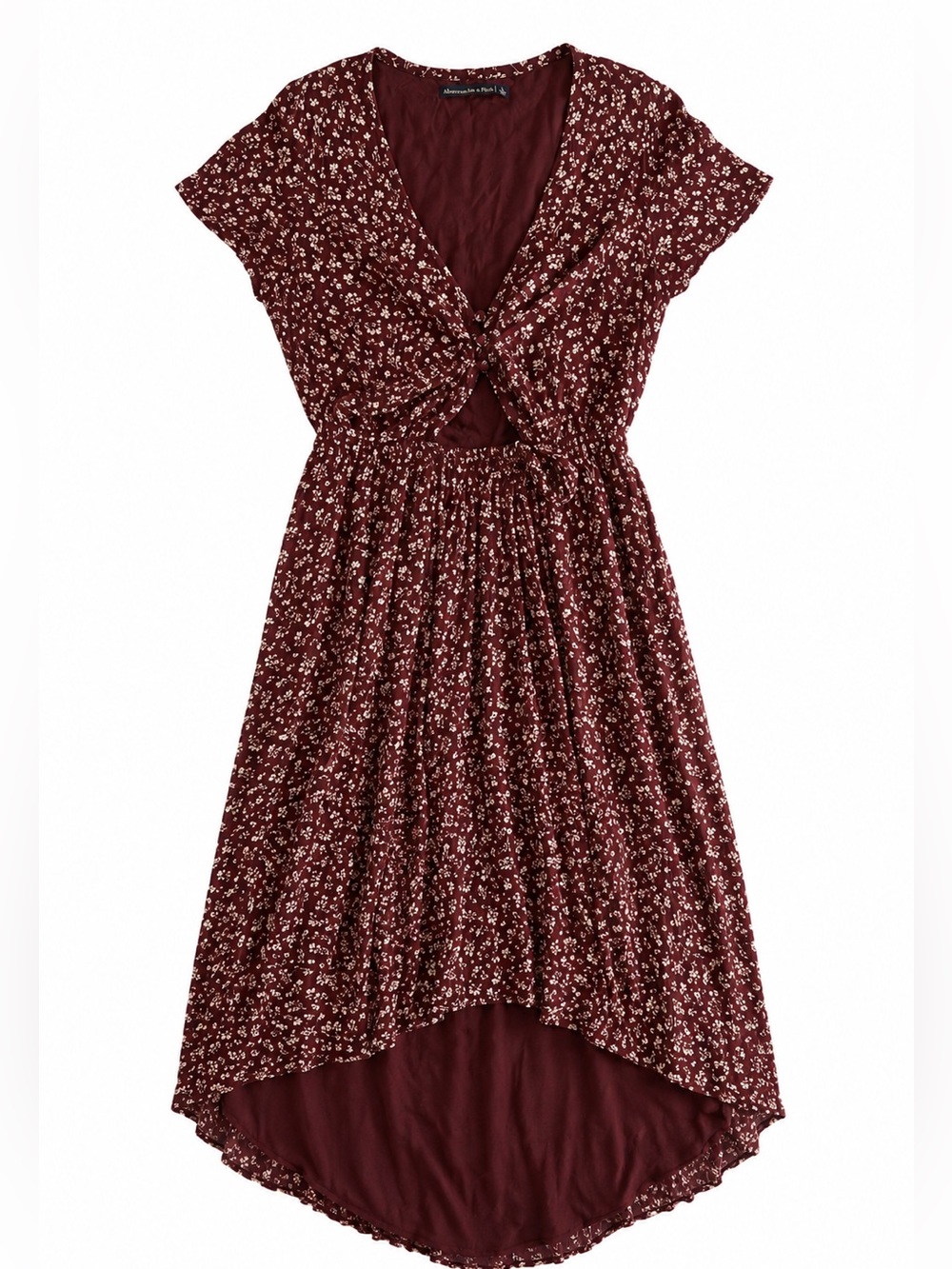 Abercrombie & Fitch Floral High Low Midi Dress L Burgundy White Tie Front Cutout - Picture 3 of 12